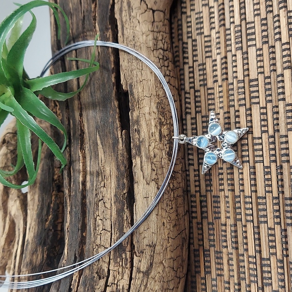 N329 Silver & Blue Cats Eye Embellished Star Multi Strand Wire Necklace